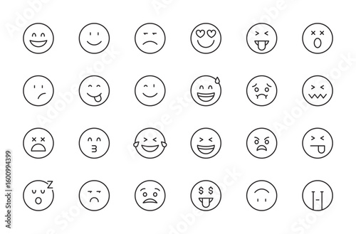 Emoji icon set. Smiley, coolness, laughter, joy, nauseous, happy, mistake, shock, love of money, loving, excited, wink, sleep, crying, angry, shame. Emotion sign. Vector illustration. Editable stroke.