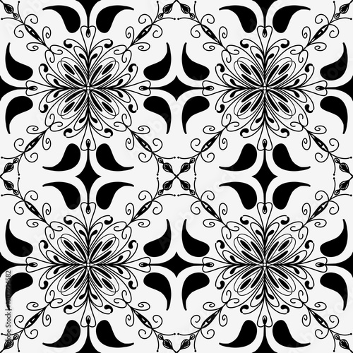 Elegant Black and White Ornamental Floral Design with Swirling Vines and Bold Geometric Accents, Seamless Symmetrical Pattern for Modern Textile and Decorative Use
