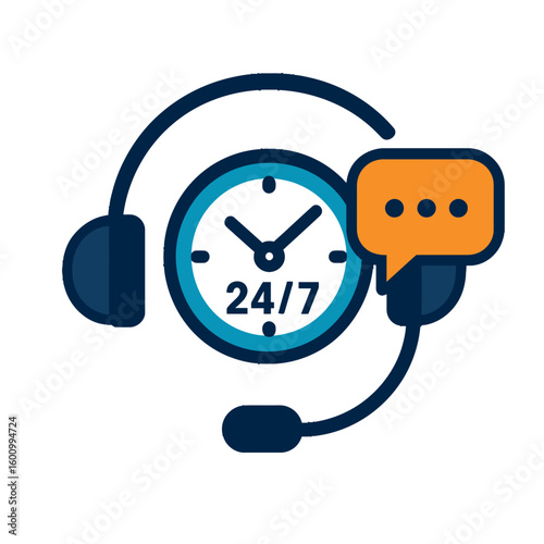 24-7 Customer Service and Support Icon with Headset and Clock