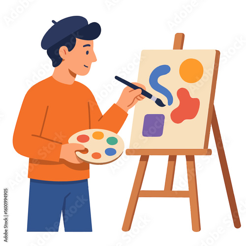 Artist Painting on Canvas with Easel and Palette - Art, Creativity, and Hobby