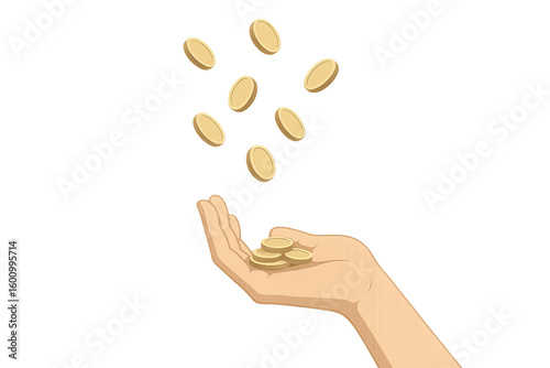 Hand tossing gold coins in the air with transparent background