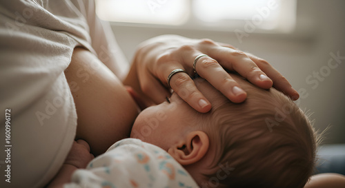 A mother breastfeeds her baby, holding the child close with her hand.