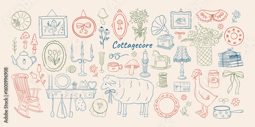 Set of hand drawn whimsical cottagecore illustrations. Line art drawings of vintage counryside elements. Rocking chair, frames, candles, sheep, goose clip art. Coquette vector graphic for card, poster
