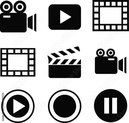 Movie making icons set vector illustration of film camera play button and clapper board for video editing