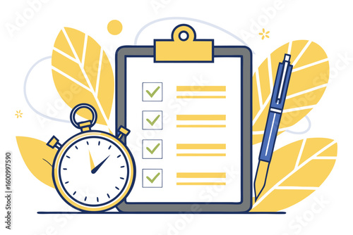 Checklist displays completed tasks with a stopwatch and pen against yellow leaves, presenting a plan