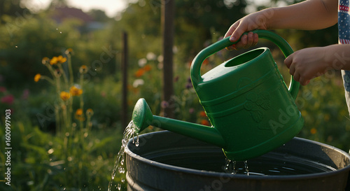 Child filling watering can from rain barrel in rural garden, eco-friendly irrigation.