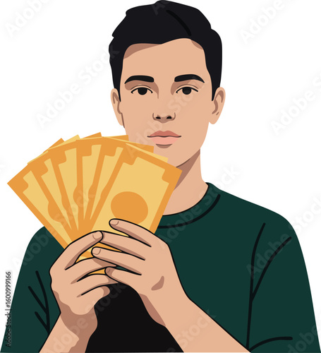 Young man holding orange banknotes money wealth financial success vector illustration