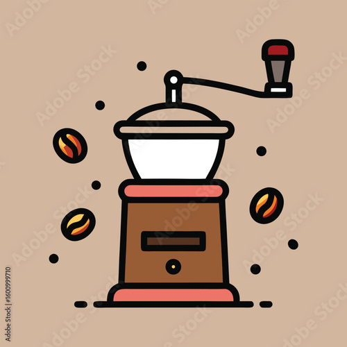 Hand drawn manual coffee grinder with coffee beans