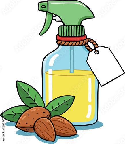 Almond oil spray bottle with almonds and green leaves natural skincare vector