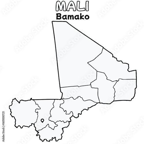Outline of the Mali Map with State Boundaries with name and capital city for Educational Purposes and Planning in transparent and vector