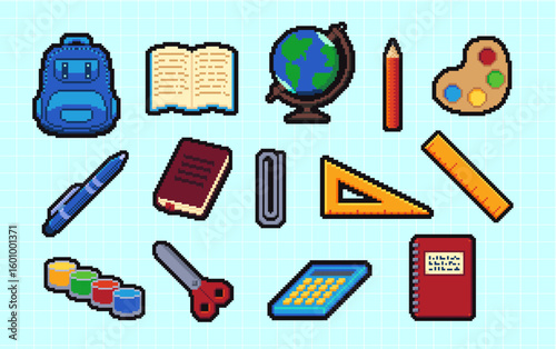 Abstract back to school supplies pixelated icons. Retro 8 bit pixel art icon set, university, education items