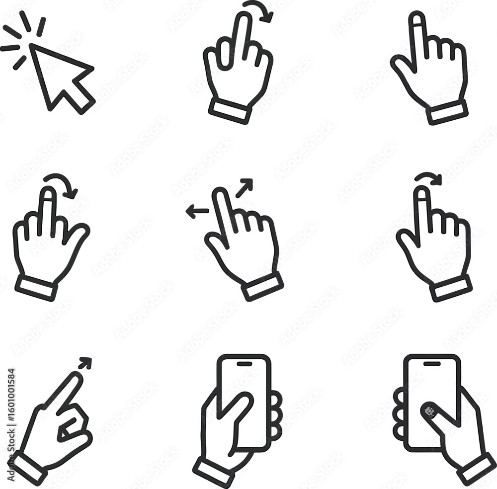 Fototapeta premium Modern Minimalist Line Art: Hand Gestures & Smartphone Touchscreen Icons for UI UX Design