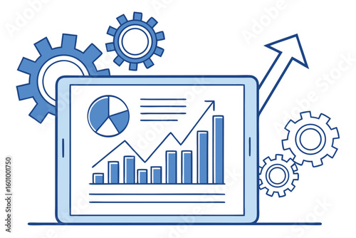 Data analysis on a tablet shows an upward arrow with rotating gears nearby