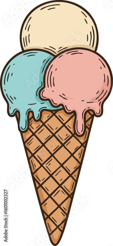 Triple scoop ice cream cone with vanilla mint and strawberry flavors vector illustration