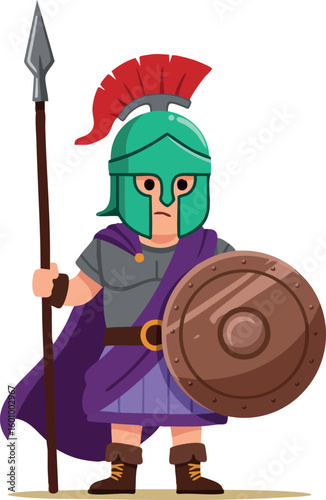 Ancient Roman Warrior Holding Spear and Shield in Helmet and Purple Cape Vector Illustration