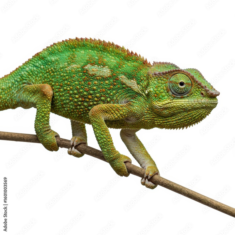 Fototapeta premium Green chameleon walking on a thin tree branch isolated on a plain white background studio shot