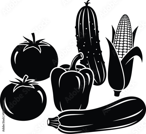 Black and white vegetables vector illustration featuring tomato corn cucumber pepper and zucchini art