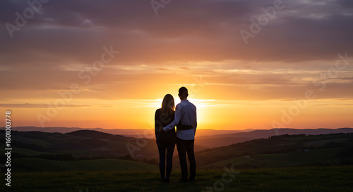Romantic Couple Embraces as They Admire a Breathtaking Sunset Over Rolling Hills