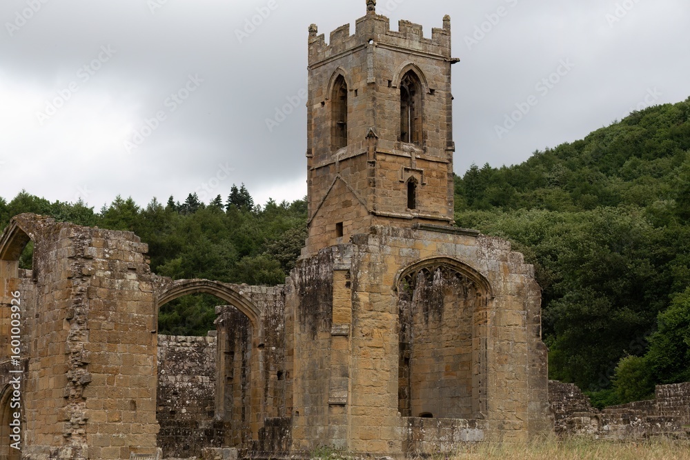 Obraz premium Medieval tower anchors crumbled abbey; arched windows and mossy stone evoke sacred echoes beneath soft gray skies in Mount Grace Priory - East Harlsey - North Yorkshire - UK