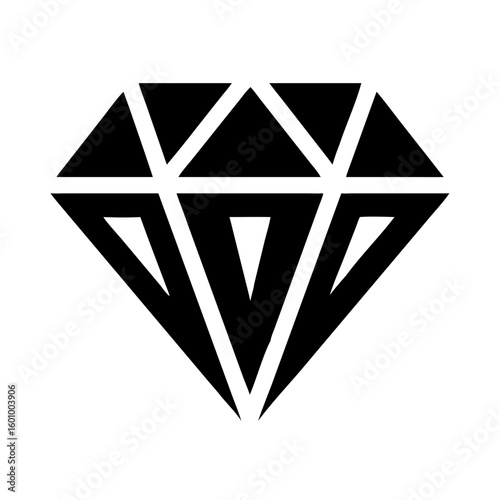 Vector art of a stylized black icon of a diamond with sharp facets and geometric shapes is presented on a clean white background