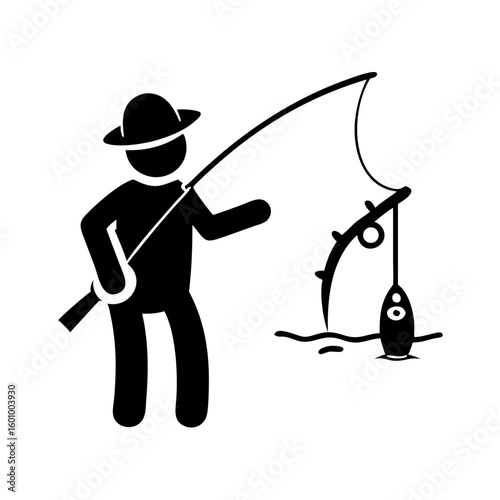 Vector art of a stick figure fisherman wearing a hat proudly holds up a fishing rod with a fish caught on the line in the water
