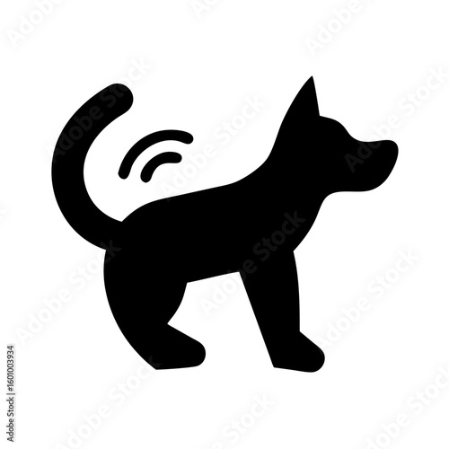 Vector art of a black silhouette of a dog with a wagging tail indicated by wifi signal waves standing alert on a white background
