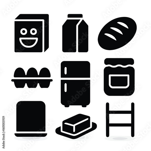 Food icons grocery shopping list breakfast staples fridge essentials kitchen items vector illustration set