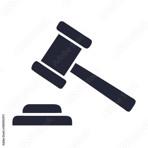 Vector art of a dark silhouette of a judges gavel poised to strike a sounding block symbolizing law and justice