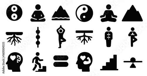 Collection of black and white icons that represent various forms of exercise and meditation. The icons include a person doing yoga, a person doing tai chi, and a person doing a downward dog
