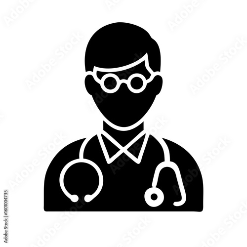 Vector art of a black and white silhouette icon of a doctor wearing glasses and a stethoscope around their neck representing healthcare professionals