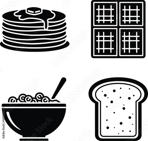 Breakfast food vector icons set pancakes waffles cereal and toast clip art breakfast menu design icon set