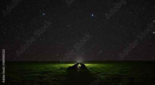 Couple silhouetted under a starry night sky, camping in a glowing tent in a field