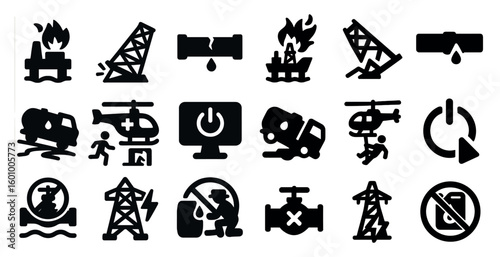 Collection of black and white icons that represent various types of machinery and equipment. The icons include a helicopter, a truck, a fire hydrant, and a no smoking sign