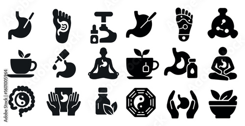 Collection of black and white icons for various health and wellness practices. The icons include a cup, a person sitting, a person standing, a person holding hands, a person holding a bottle