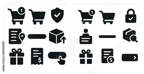 Set of icons for a shopping cart. The icons include a shopping cart, a box, a person, a check, a key, and a gift. The shopping cart icon is the most prominent