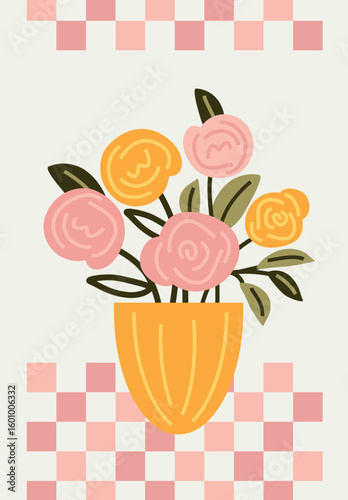 trend,  abstract roses, a botanical vase with flowers in a minimalist style. naive hand-drawn art. for print, banners, postcards, business ideas. modern pink background, art vector illustration