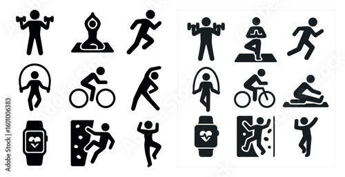 Collection of fitness icons, including a person doing yoga, a person running, and a person doing pushups