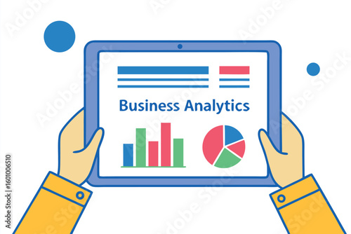 Hands hold the tablet which displaying business analytics with bar and pie chart