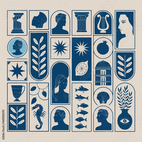 Collection of stylized classical motifs in blue and cream including busts columns plants and sea creatures