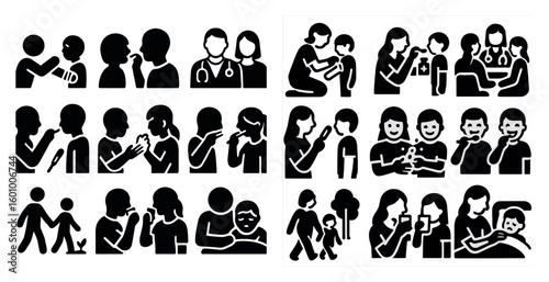 Series of black and white images of people in various situations, including a doctor and patient, a mother and child, and a man and woman. The mood of the images is serious and informative