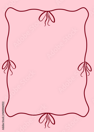 Soft pink background with elegant ribbon and bow forming frame. Ideal for card, packaging, invitation. Doodle vector illustration in decorative Coquette Aesthetic style.