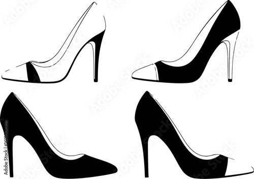 Vector art of a collection of four elegant black and white high heel shoes displayed