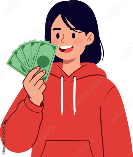 Young woman holding money cash in red hoodie smiling happy vector illustration