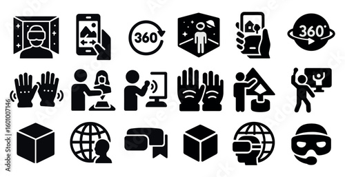 Collection of icons for virtual reality, including a person wearing a VR headset, a box, a globe, and a person holding a cell phone