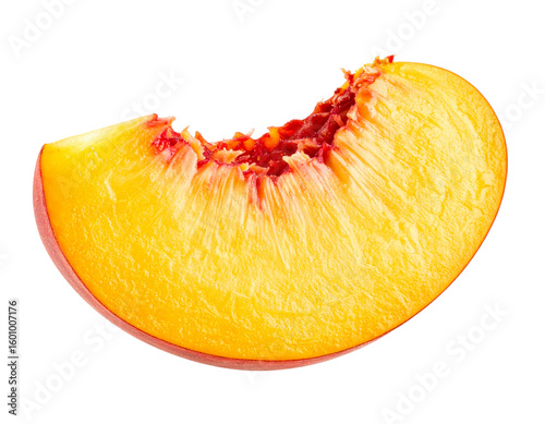 Floating Slice of Juicy Peach with Detailed Texture on Clean White Background, Isolated PNG