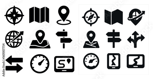 Collection of various icons, including a compass, a speedometer, and a map. The icons are all black and white, and they are arranged in a grid-like pattern
