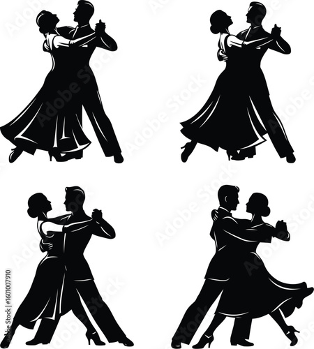 Elegant ballroom dancing silhouettes vector illustration for dance studio and event promotion design