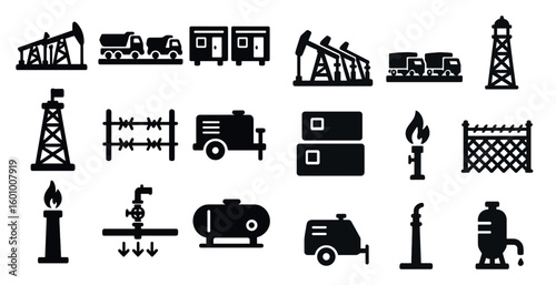 Collection of black and white icons representing various aspects of the oil and gas industry. The icons include a truck, a train, a building, a fence, a fire, and a gas tank