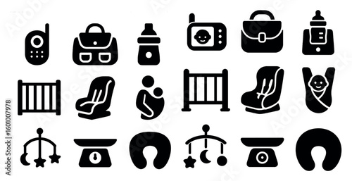 Collection of baby items including a stroller, car seat, and a baby bottle. The items are all black and white