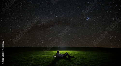 Solitude and wonder as a lone person lies on a green field at night, illuminated while stargazing at the vast, starry cosmos.